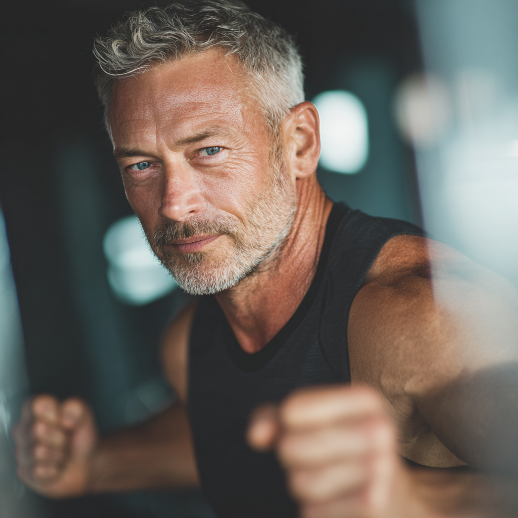 Confident mature man in athletic wear showing determination and strength during workout session
