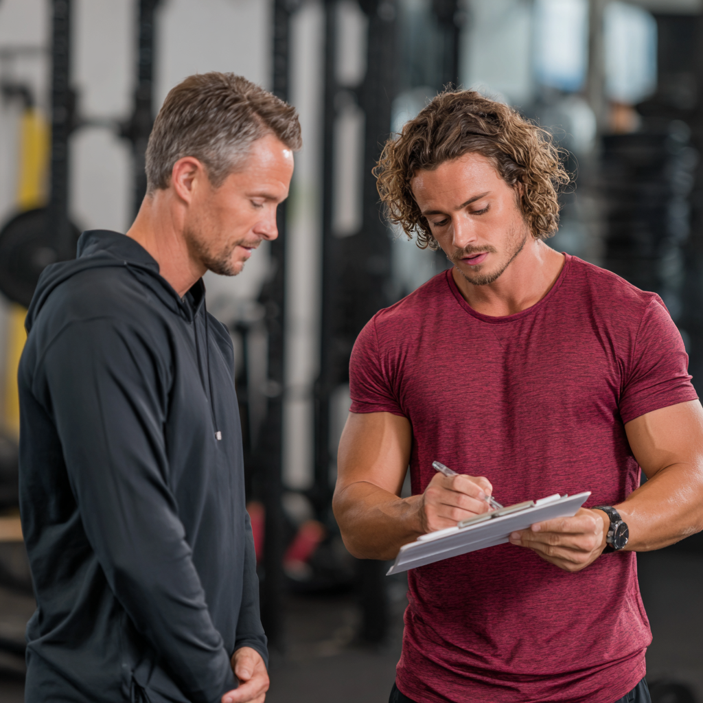 Professional fitness coach consulting with client about personalized training program and health goals